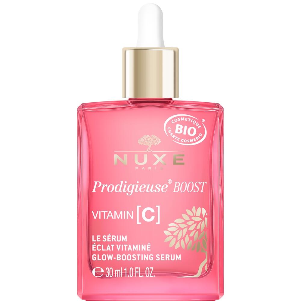 Rosa Flasche mit Bio-Vitamin-C-Serum und goldener Pipette.