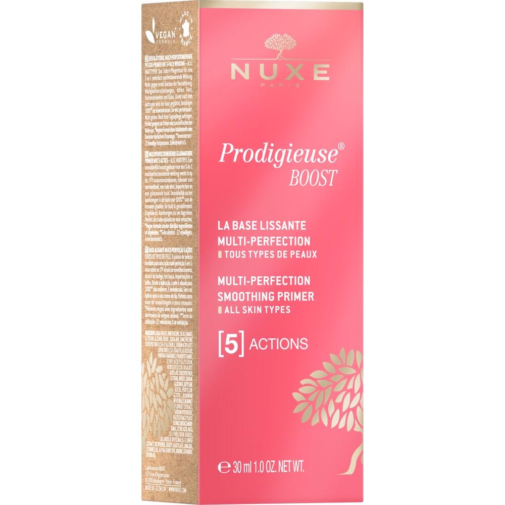 Rosa Schachtel mit Aufschrift: Nuxe Prodigieuse Boost Primer für alle Hauttypen.