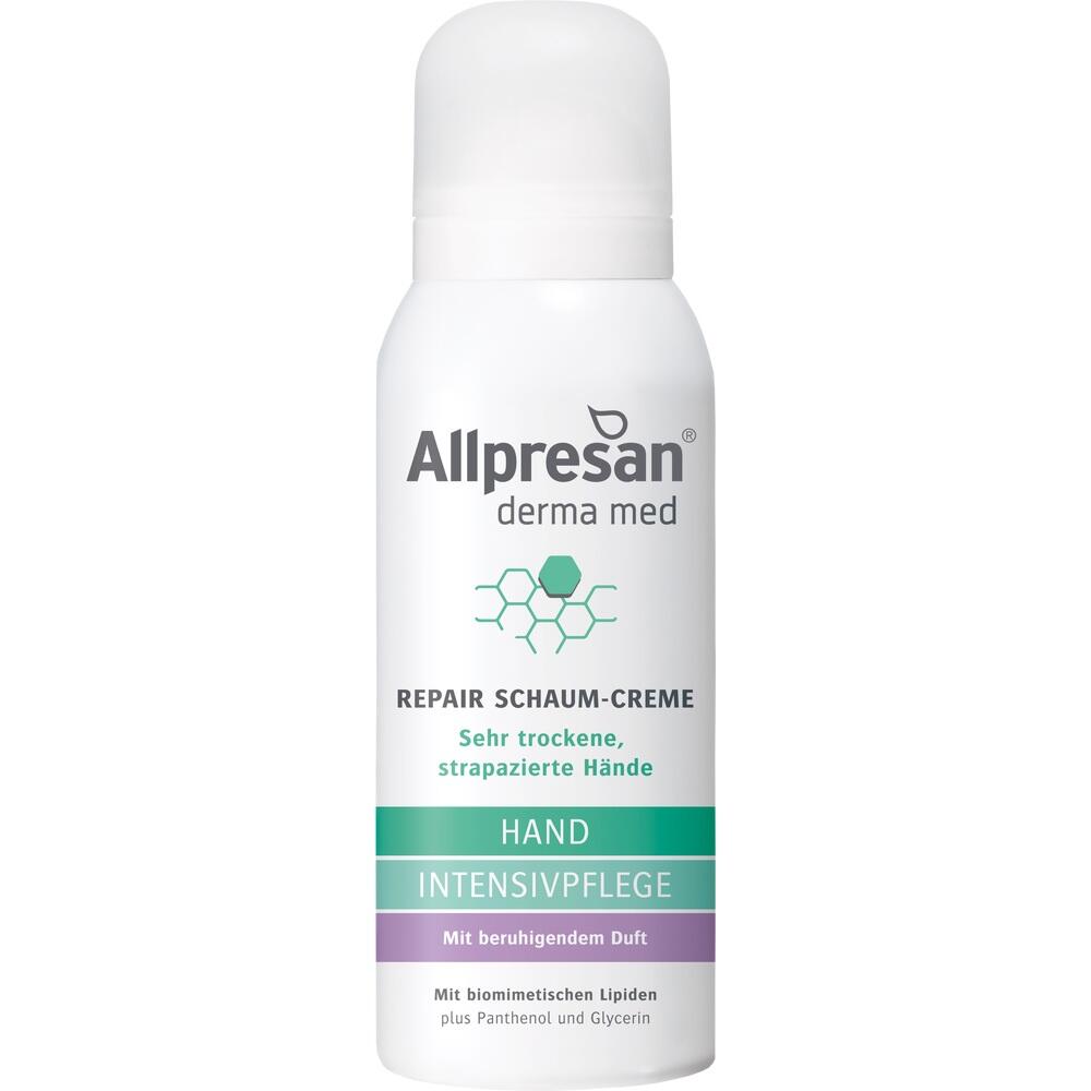 Weiße Flasche mit der Aufschrift "Allpresan Repair Schaum-Creme" für trockene Hände.