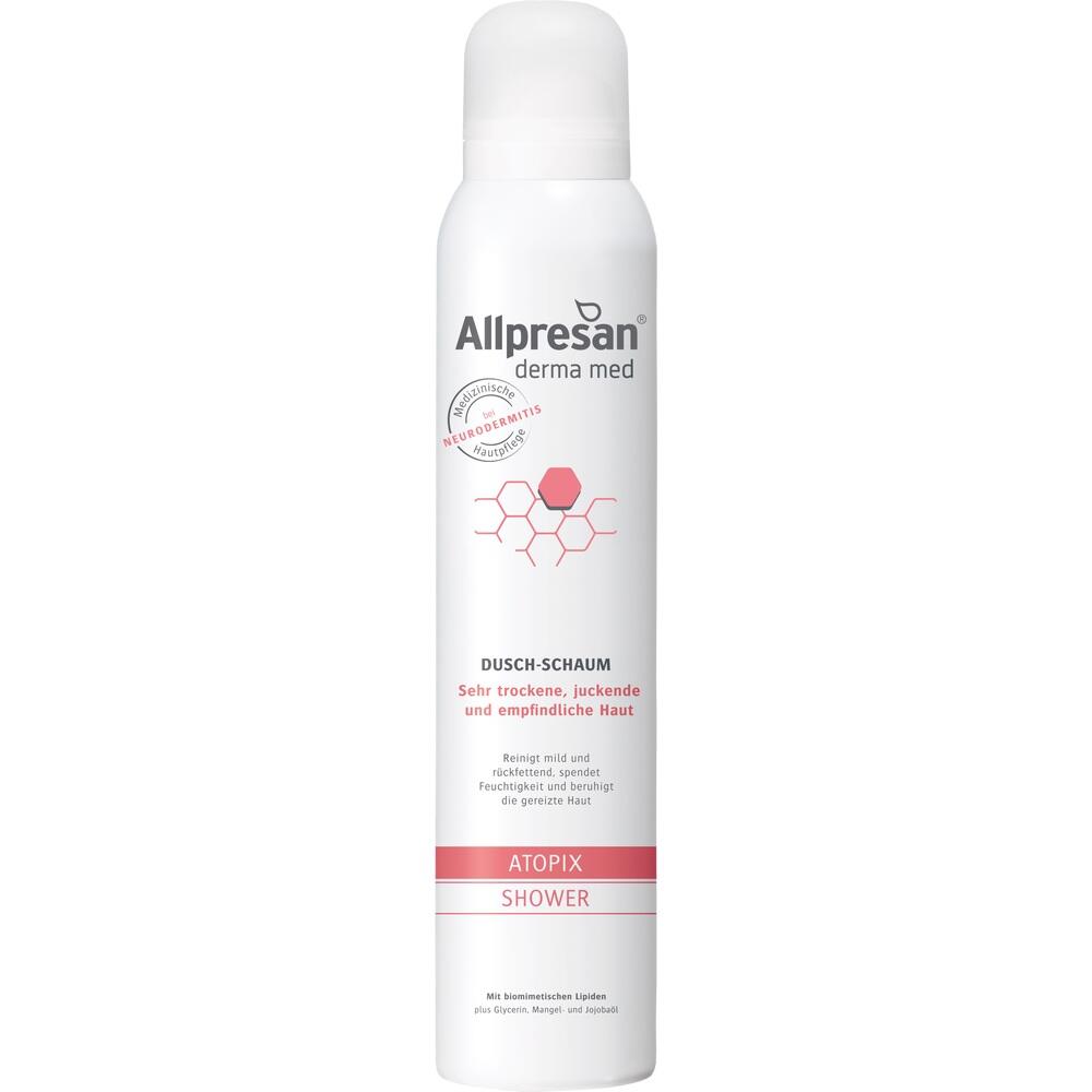 Weiße Flasche mit rosa Details, beschriftet als Dusch-Schaum für empfindliche Haut.