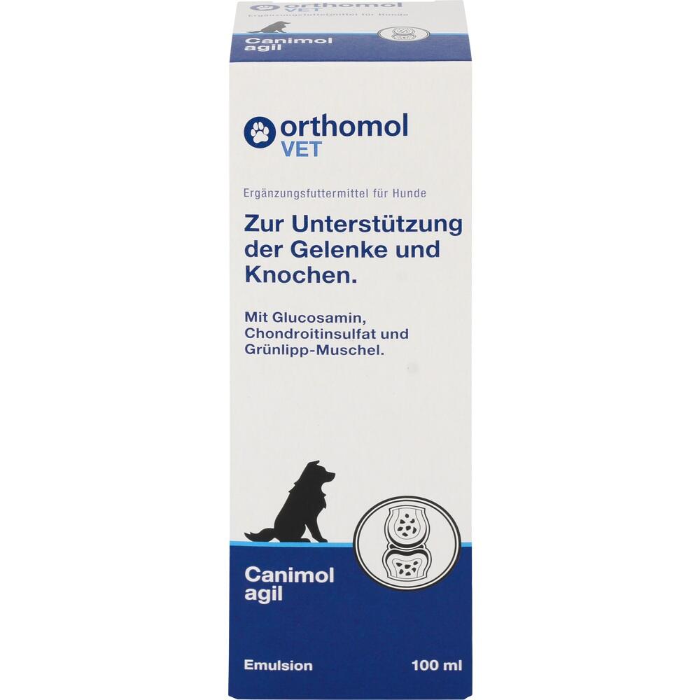 Box mit Futterergänzungsmittel für Hunde zur Unterstützung von Gelenken und Knochen.