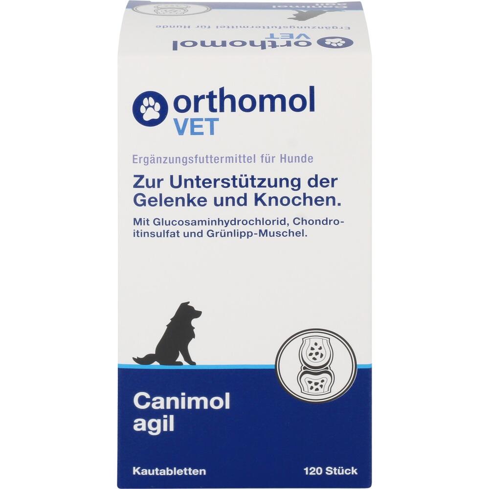 Packung mit Kautabletten für Hunde zur Unterstützung von Gelenken und Knochen.