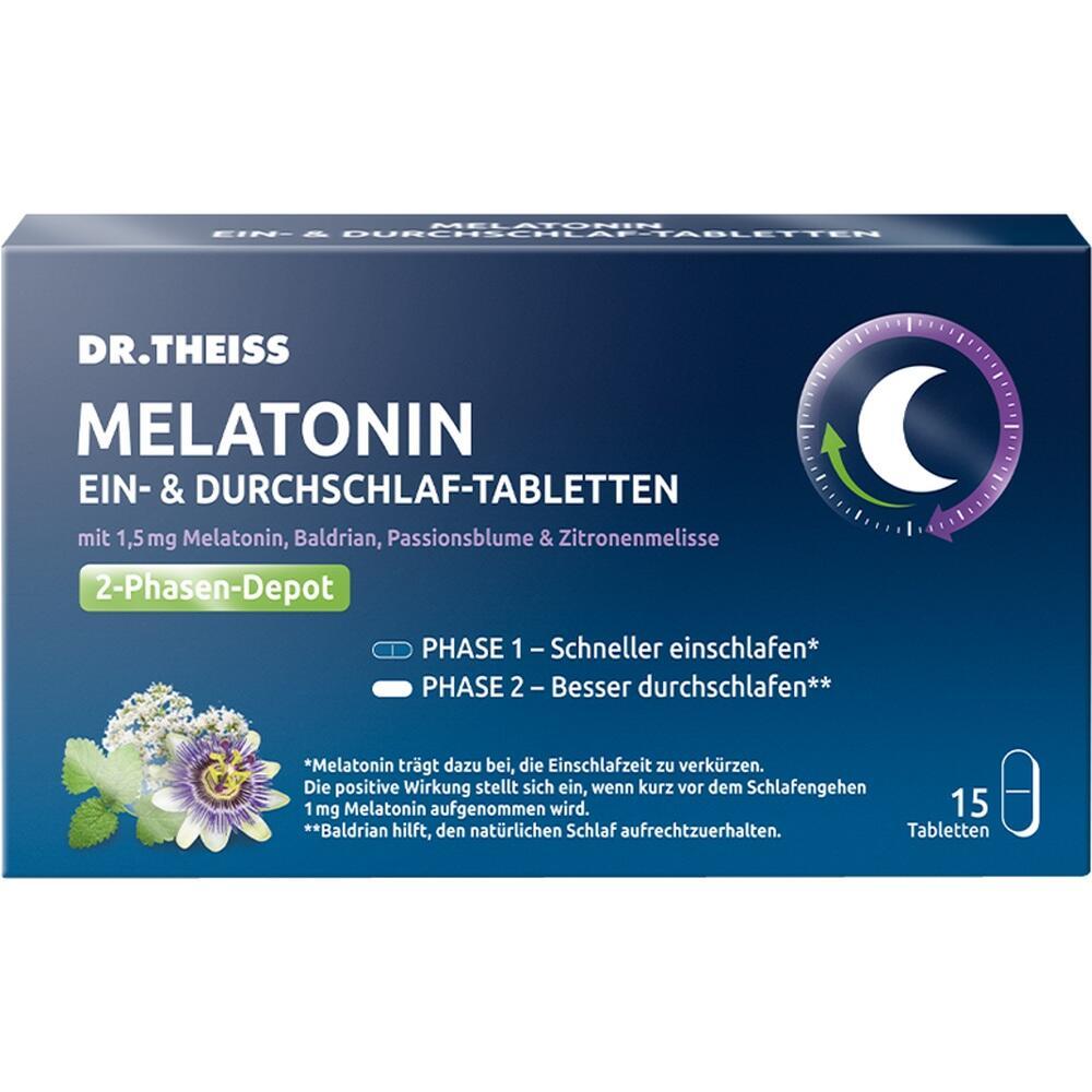 Eine blaue Packung Melatonin-Schlaftabletten mit Pflanzengrafik und Mond-Symbol.