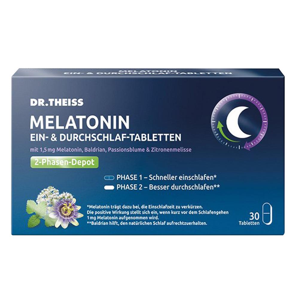 Packung Dr. Theiss Melatonin-Schlaftabletten für schnelles Einschlafen und besseres Durchschlafen.