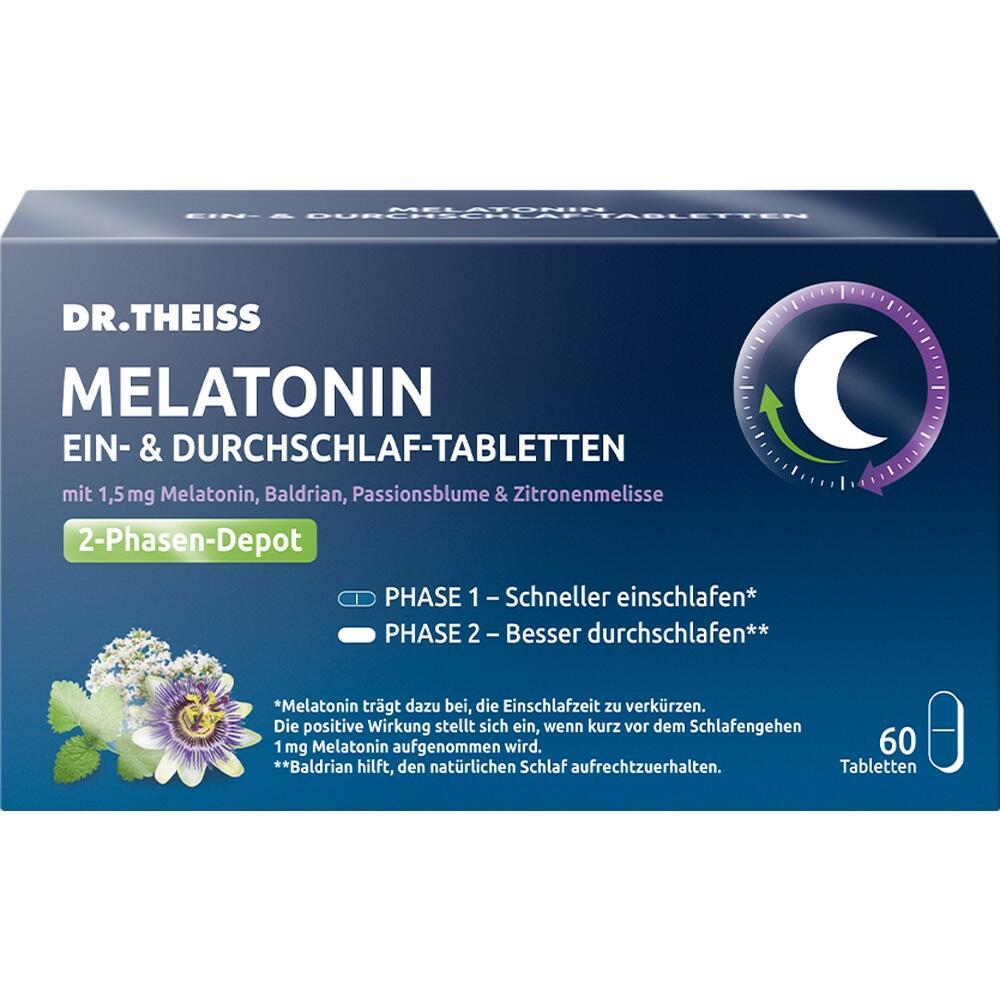 Packung von Melatonin-Schlaftabletten mit Phasen für schnelleres Einschlafen und besseres Durchschlafen.