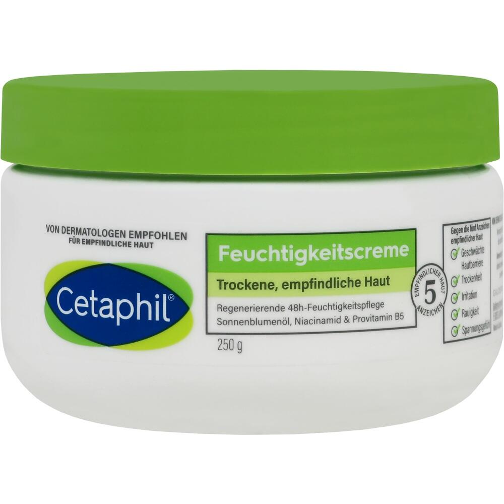 Ein Tiegel Feuchtigkeitscreme für trockene, empfindliche Haut mit grünem Deckel.