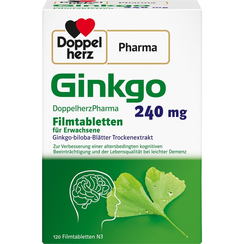 Verpackung von Ginkgo-Tabletten mit Blättern und Gehirn-Symbol.