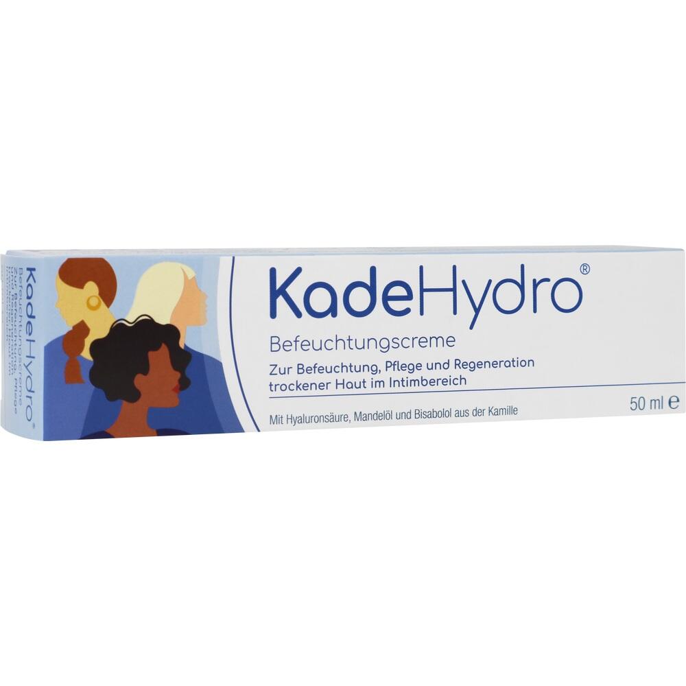Eine blaue und weiße Packung KadeHydro Befeuchtungscreme mit stilisierten Gesichtern.