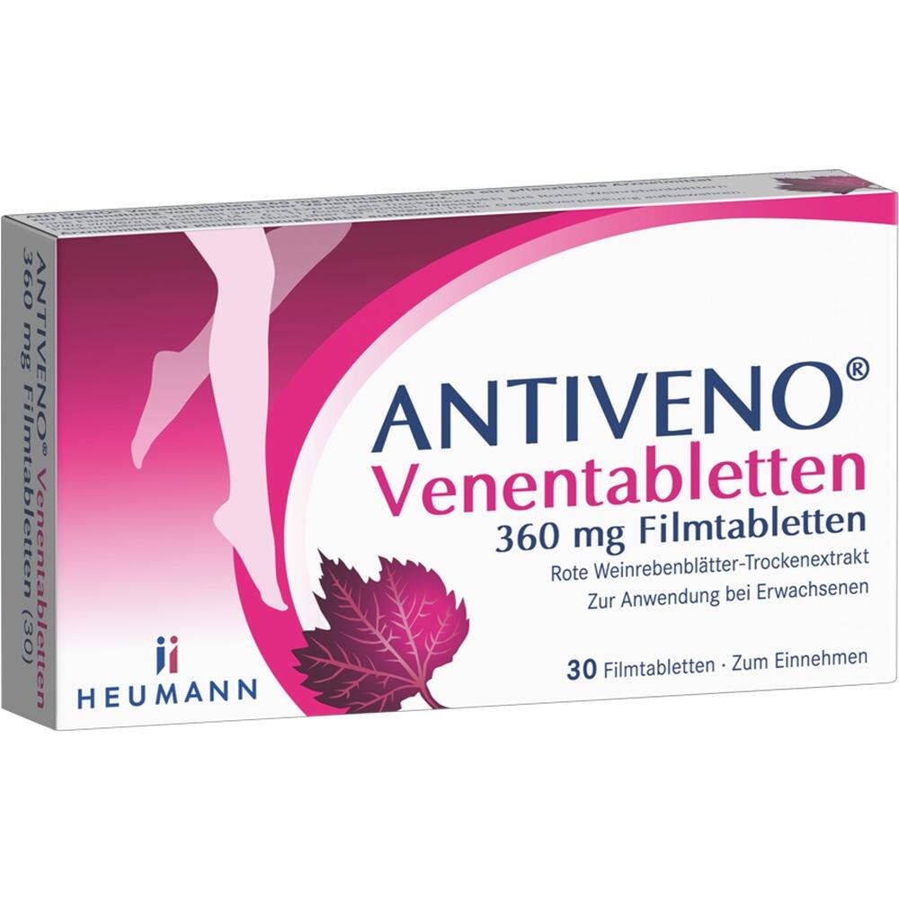Verpackung von Antiveno Venen-Tabletten mit Weinrebenblatt-Abbildung.