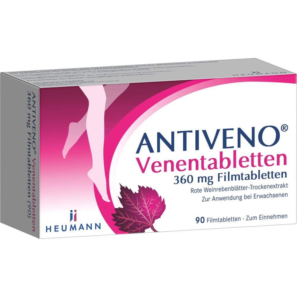 Schachtel mit Antiveno Venen-Tabletten, zeigt Beine und ein rotes Weinblatt.