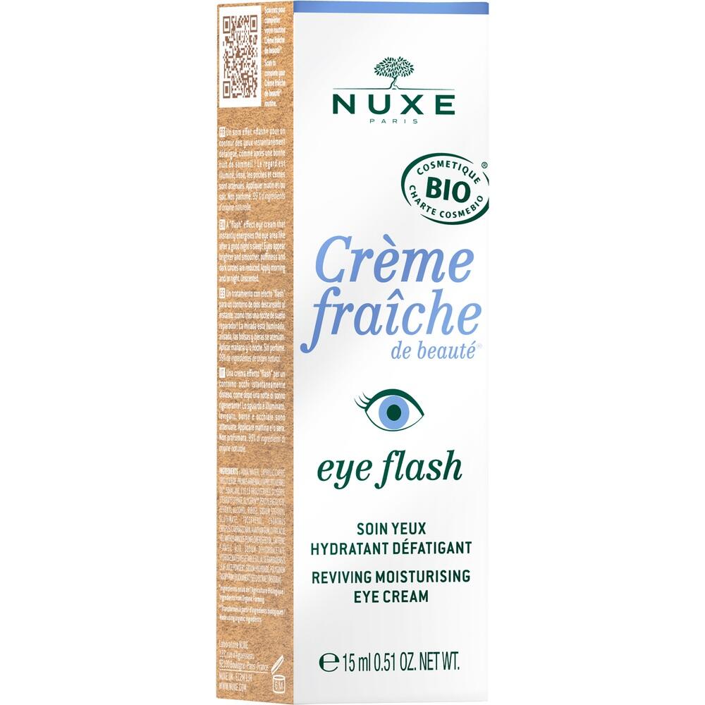 Weiße Verpackung einer feuchtigkeitsspendenden Augencreme mit grünem Logo und Text.