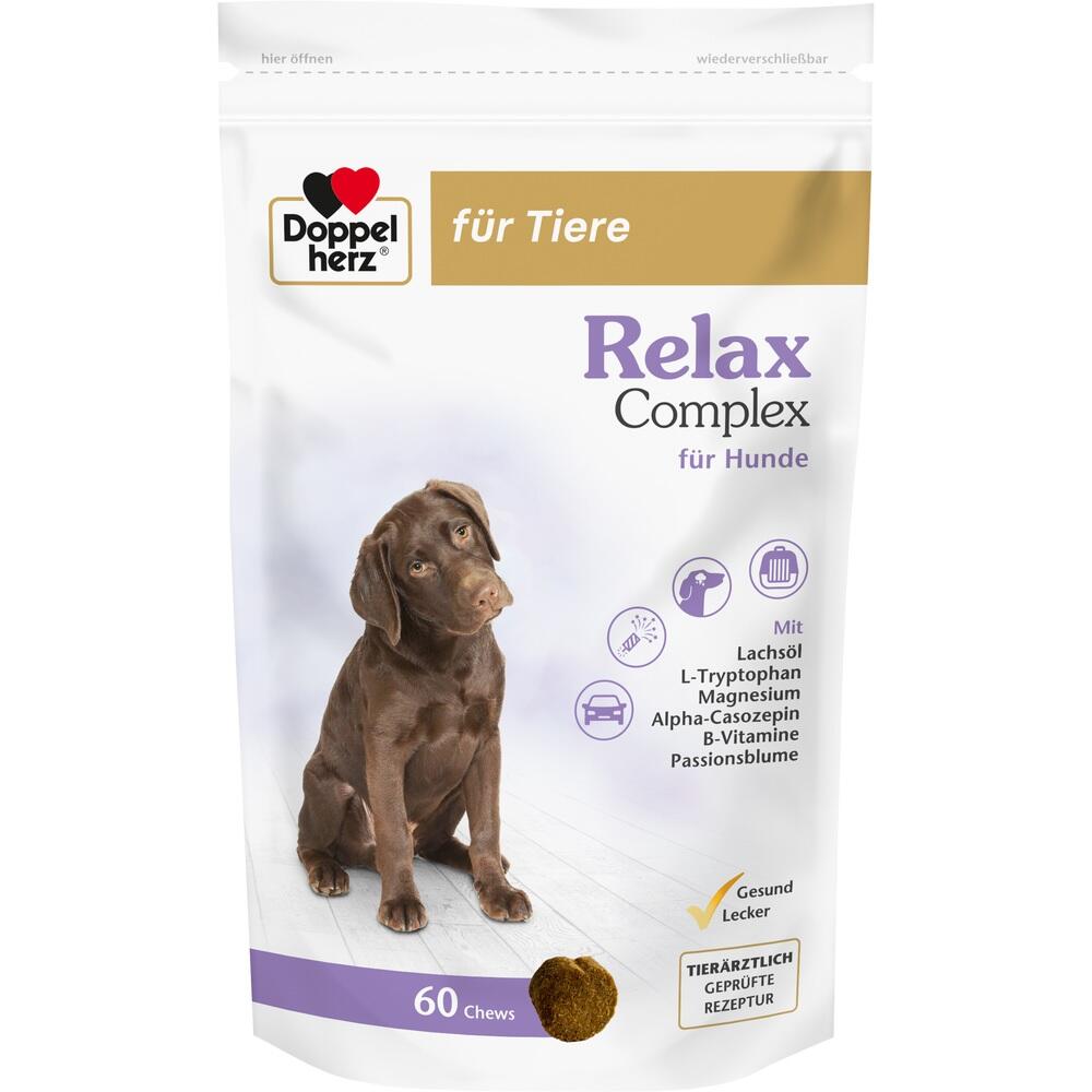 Hunde-Leckerli-Tüte mit braunem Hund und Text "Relax Complex für Hunde".