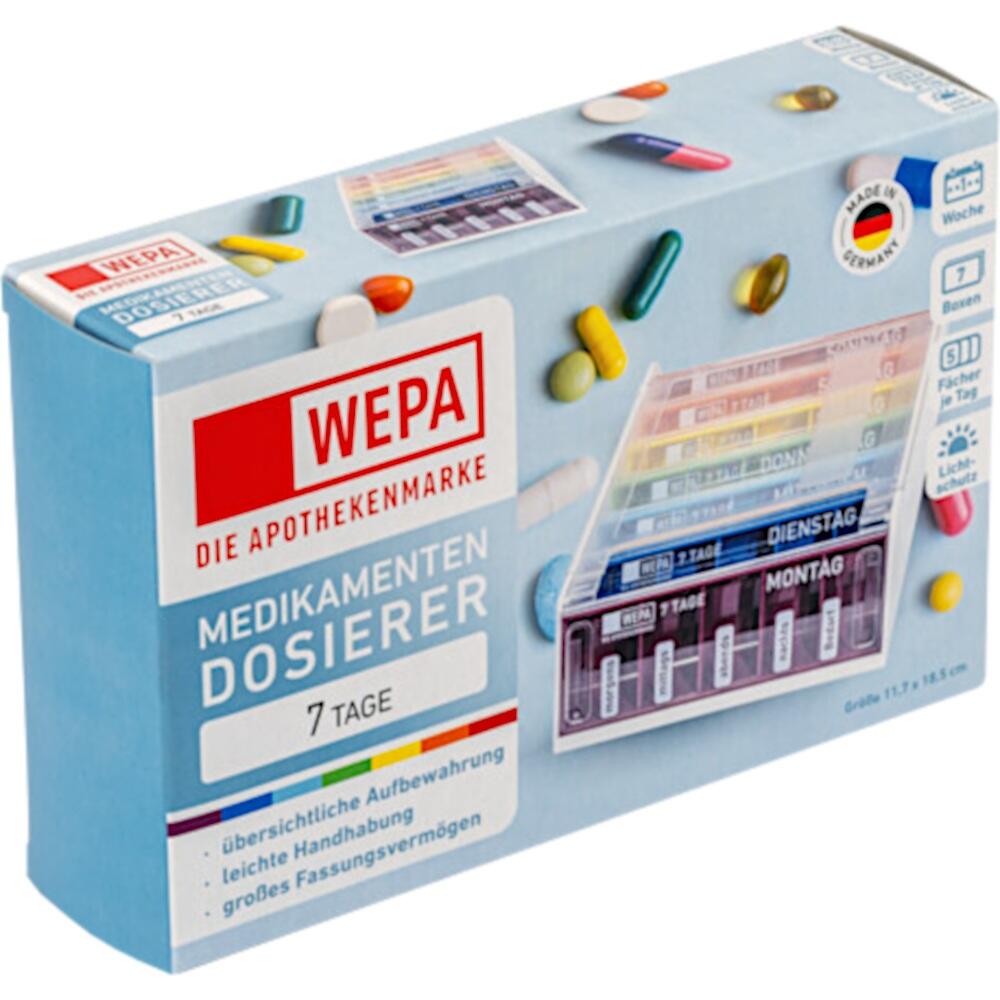 Blauer Medikamentendosierer für 7 Tage mit farbigen Tabletten auf der Verpackung.