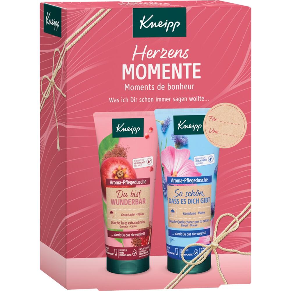 Zwei Kneipp Duschgels in einer rosa Geschenkbox mit Geschenkanhänger.