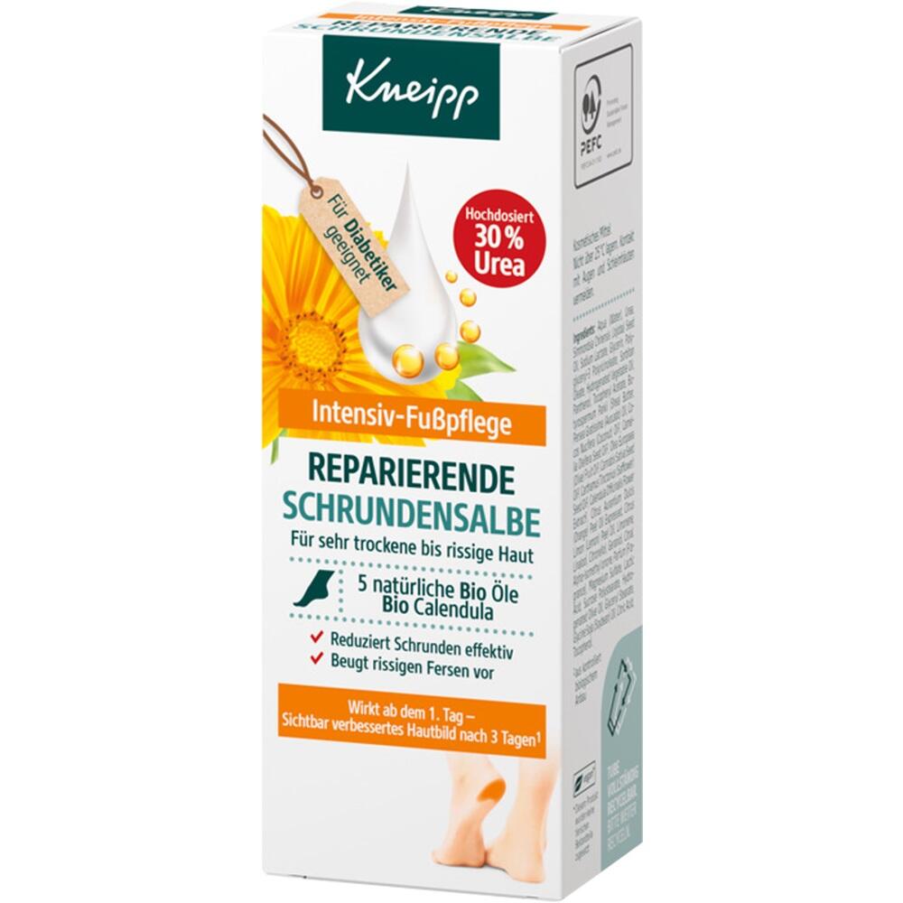 Weiße Verpackung mit Text und Bildern über Fußcreme für trockene Haut.