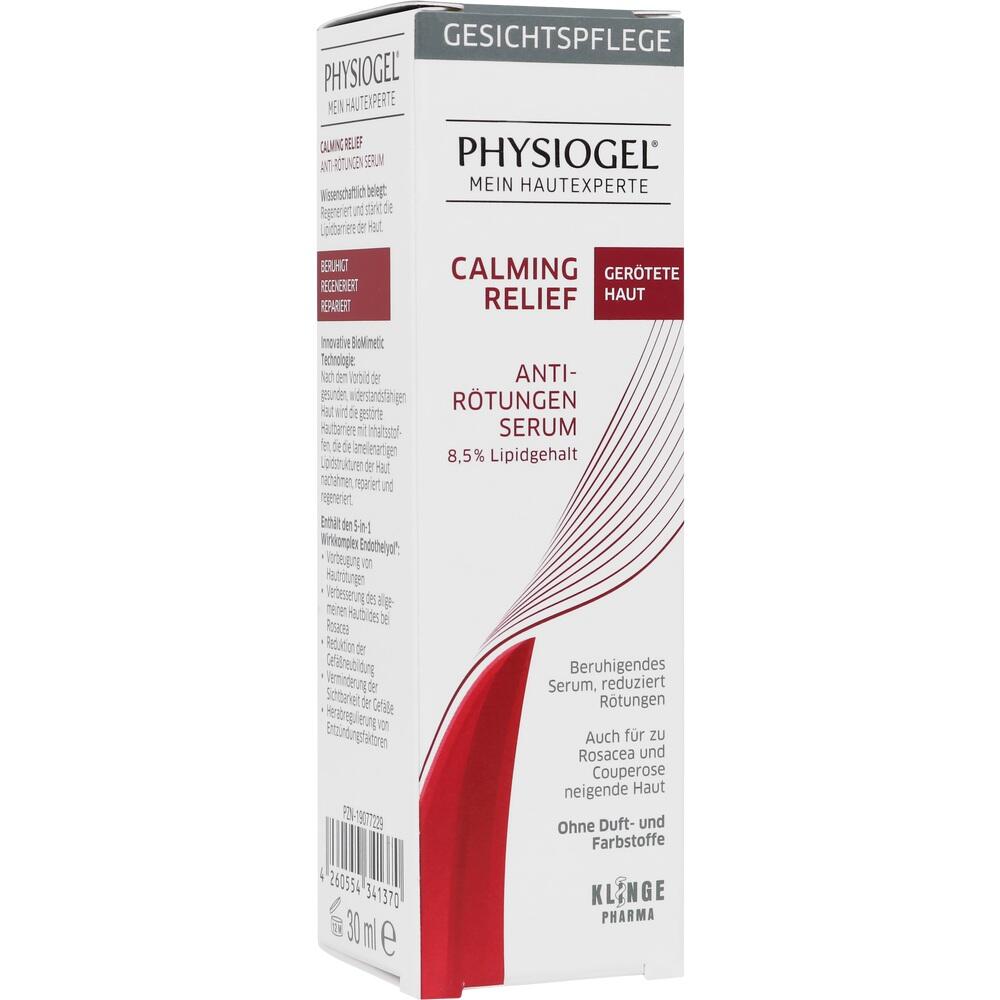 Eine weiße Box mit rotem Text für ein Anti-Rötungen-Serum von Physiogel.