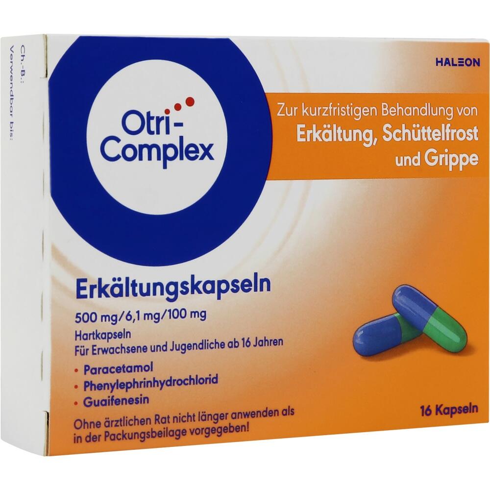 Orange Packung mit blauen und grünen Erkältungskapseln, enthält 16 Stück.