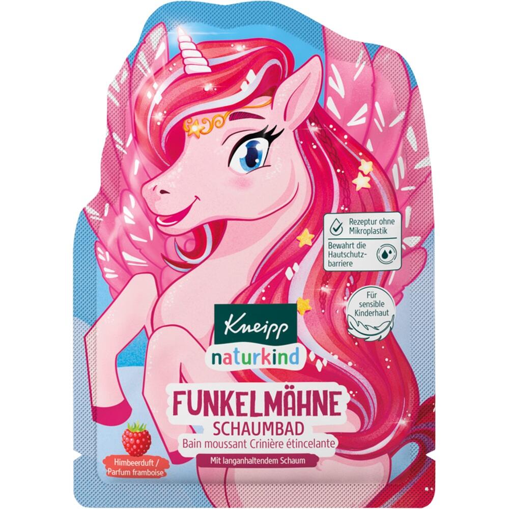 Ein rosa Einhorn mit glitzernder Mähne ist auf der Verpackung eines Schaumbads abgebildet.