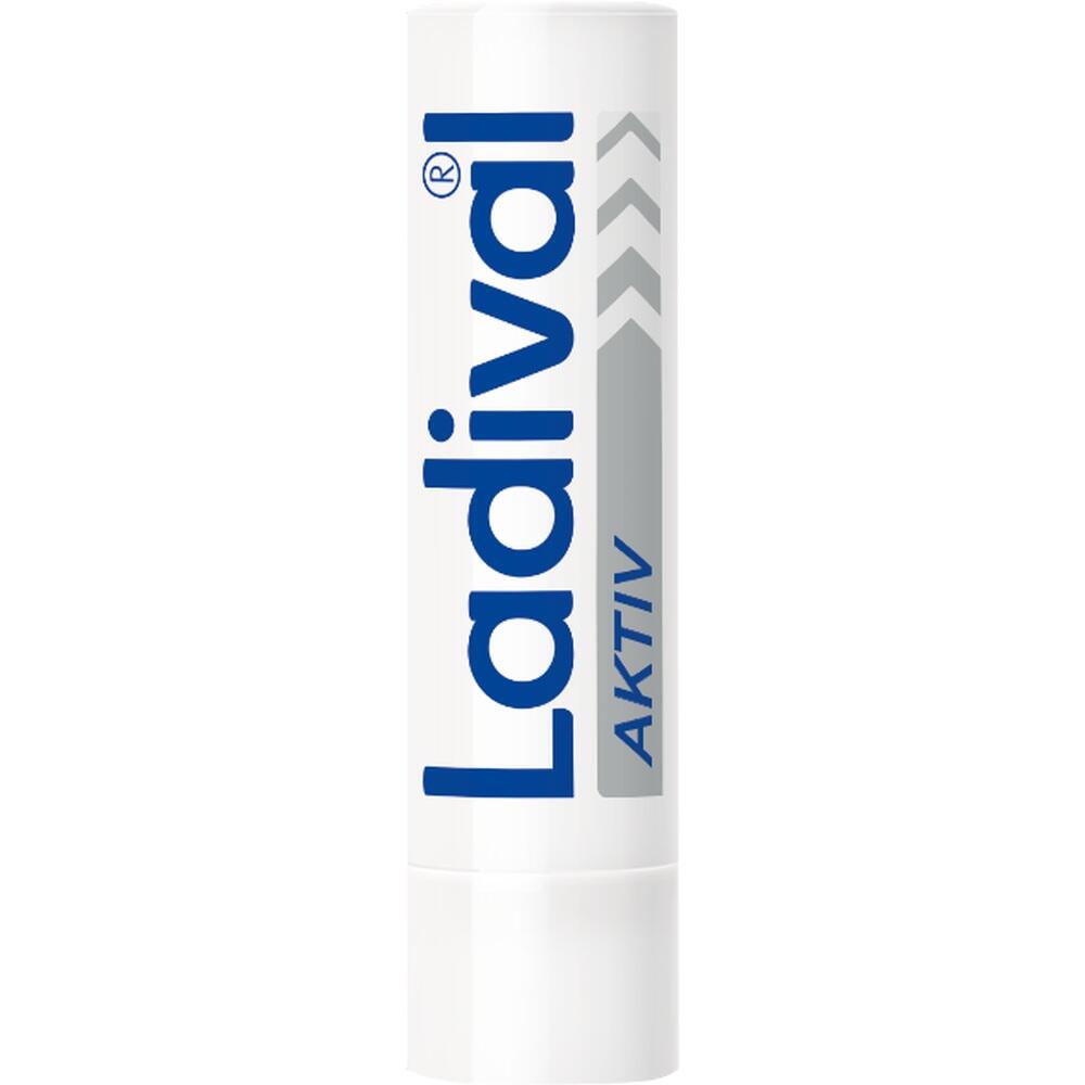 Ein weißer Lippenpflegestift mit dem Aufdruck "Ladival AKTIV".