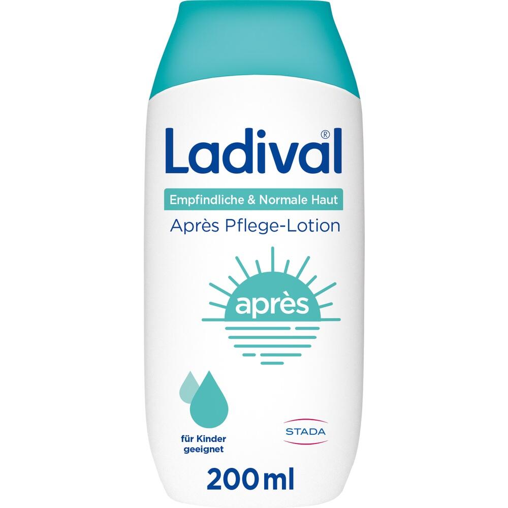 Weiße Flasche mit türkisfarbenem Deckel, Ladival Après Pflege-Lotion für empfindliche Haut.
