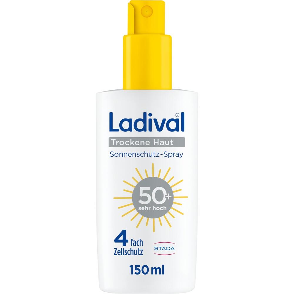 Weiße Flasche Ladival Sonnenschutz-Spray mit gelbem Verschluss, SPF 50+ für trockene Haut.