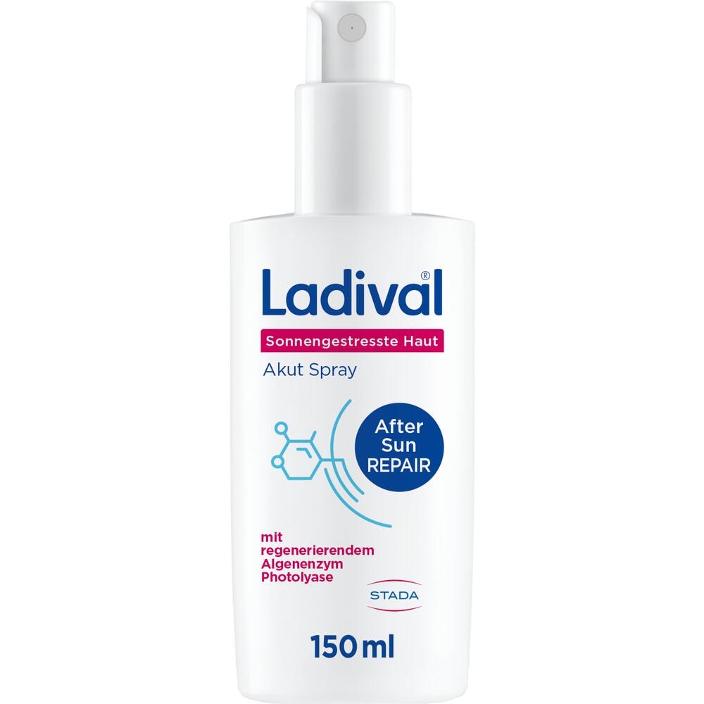 Weißes Ladival After Sun Spray für sonnenbeanspruchte Haut, 150 ml Flasche.