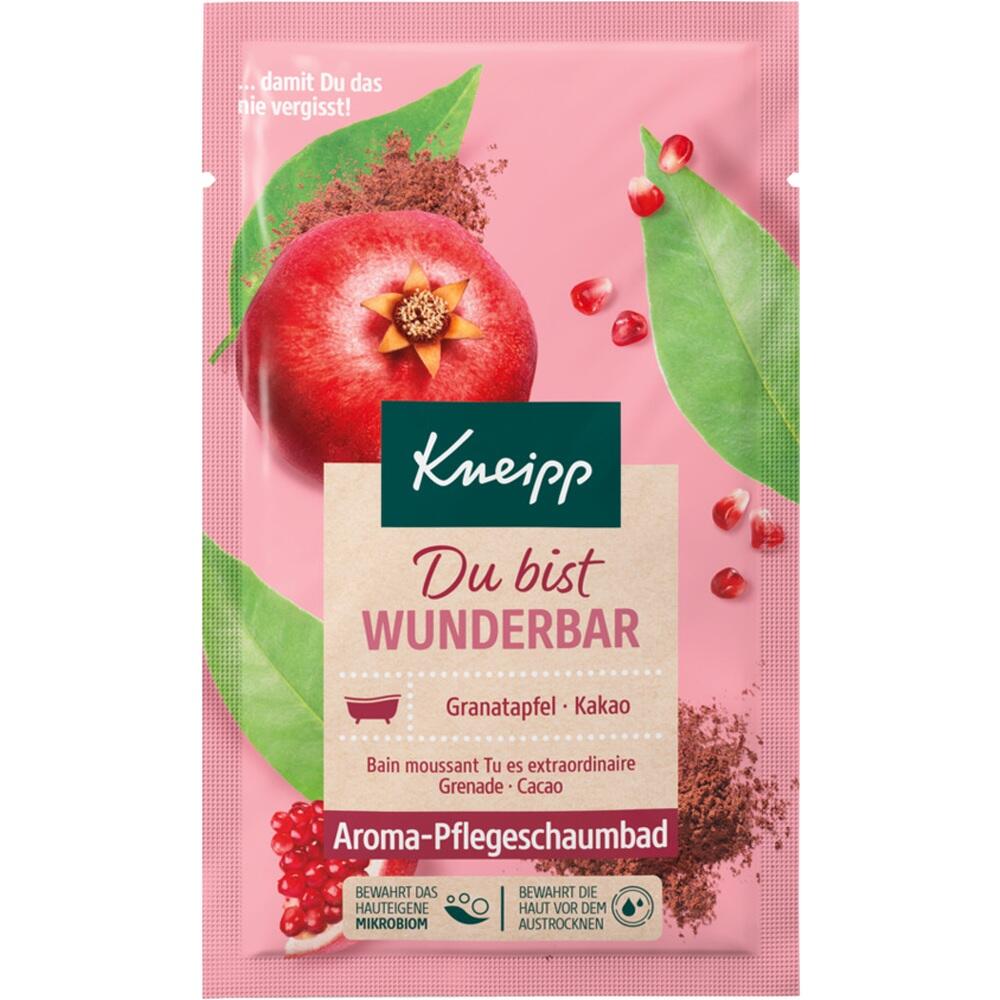 Rosa Verpackung mit einem Granatapfel, Kakaopulver und der Aufschrift "Du bist wunderbar".