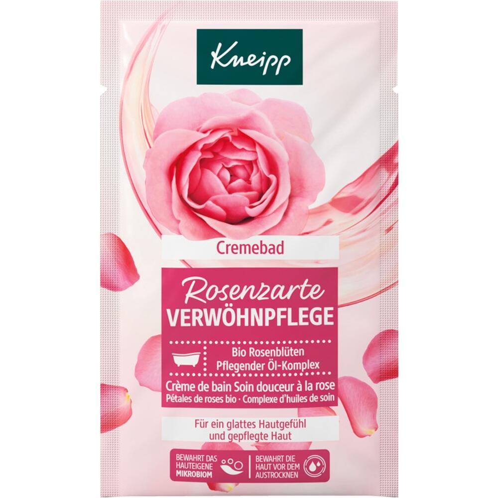 Verpackung eines Cremebads mit Bild einer großen rosa Rose.