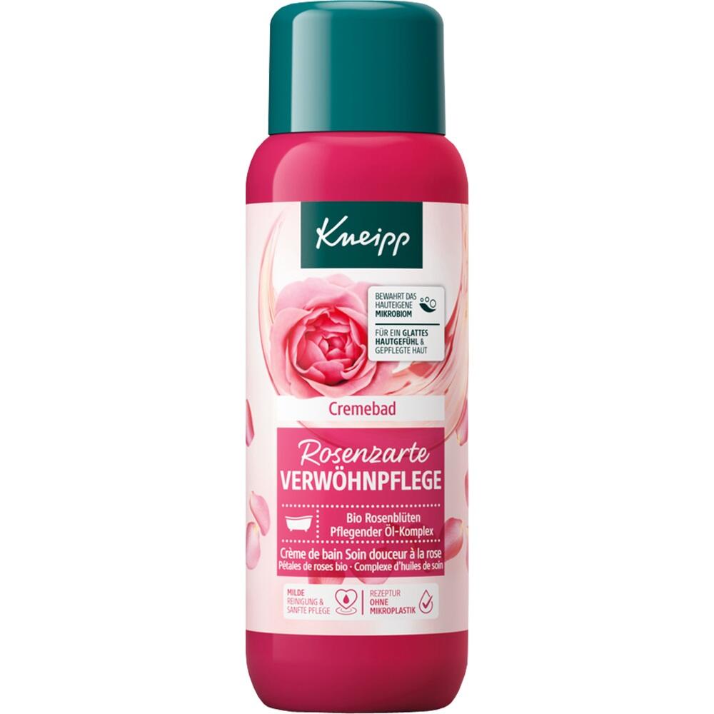 Rosa Badezusatzflasche mit Rosenmotiv und Pflegeschriftzug.