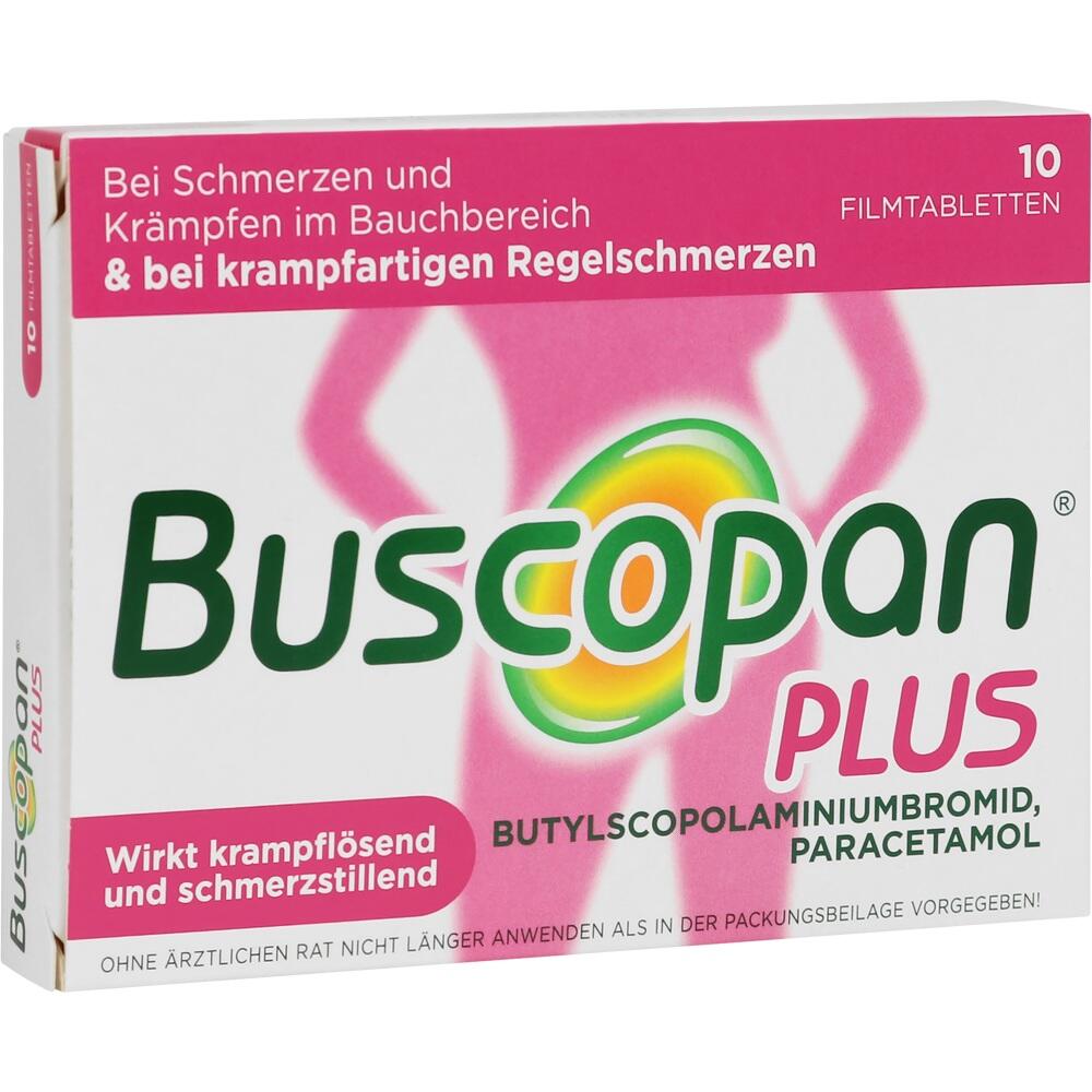 Packung von Buscopan Plus, einem Medikament gegen Bauchschmerzen und Krämpfe.