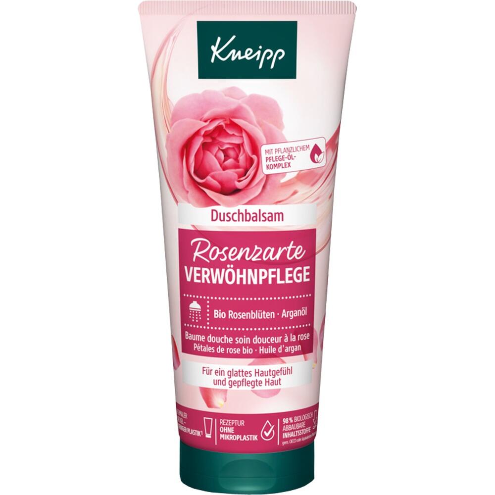 Verpackung eines rosafarbenen Duschbalsams mit Rosendekor und Pflegeversprechen.