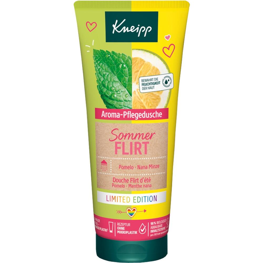 Gelbe Duschgel-Flasche mit Pomelo- und Minz-Duft, "Sommerflirt" Edition.