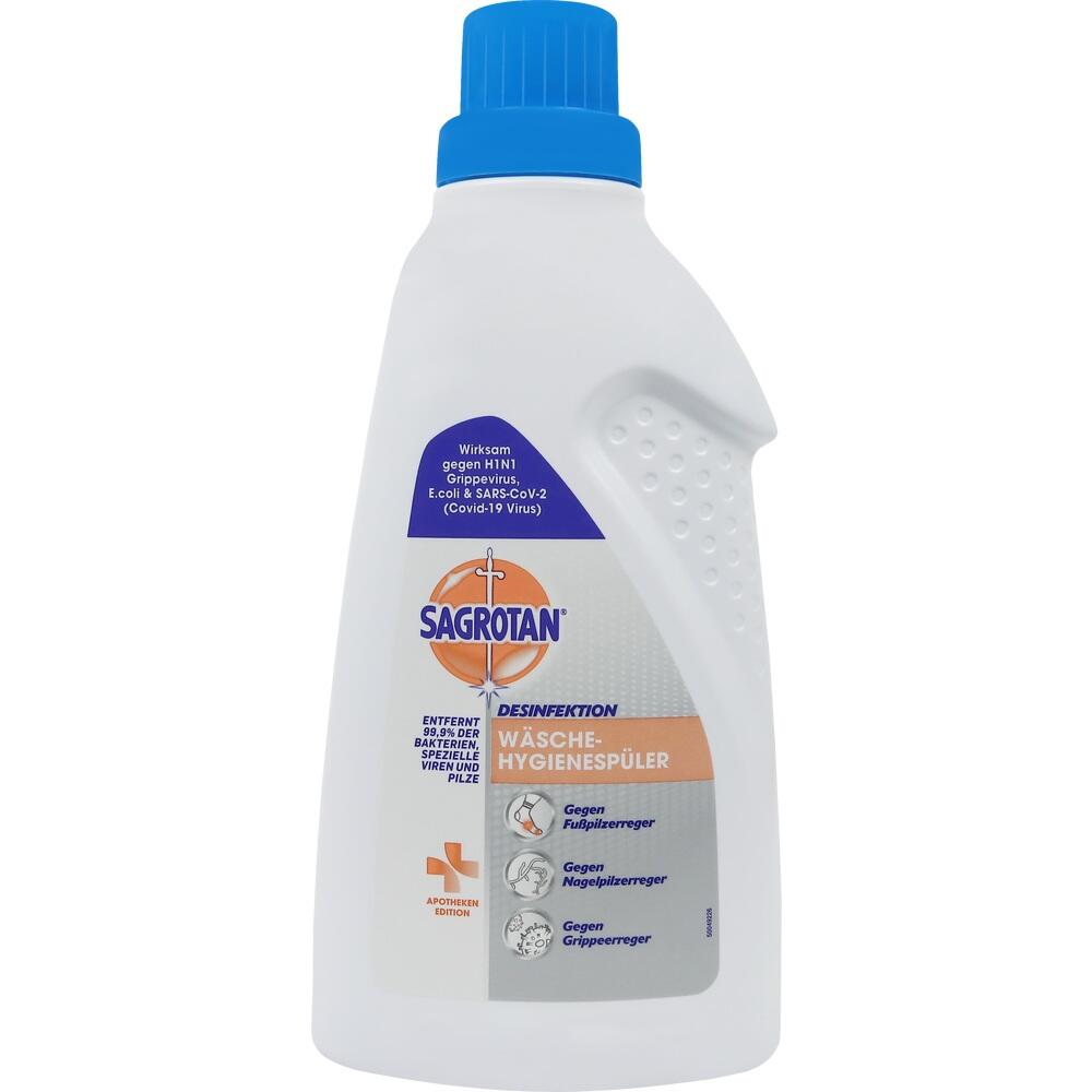 Weiße Flasche mit blauem Verschluss, darauf steht "Sagrotan Wäsche-Hygienespüler".