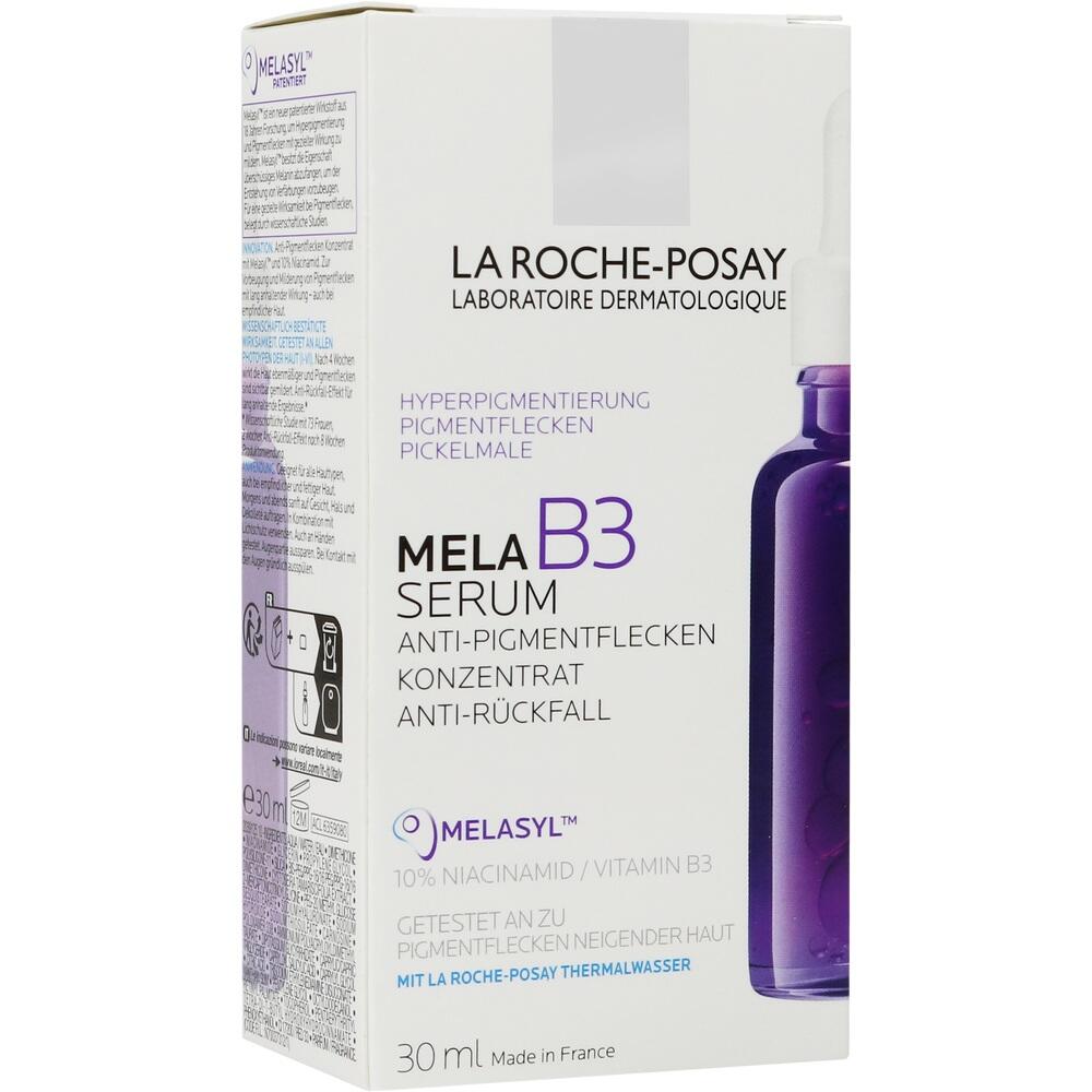 Eine wei&szlig;e Schachtel mit einem lila Fl&auml;schchen drauf, beschriftet mit "MELA B3 Serum".
