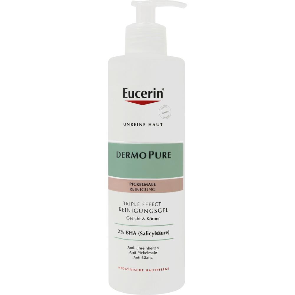Eine Flasche Eucerin DermoPure Reinigungsgel mit Spender.