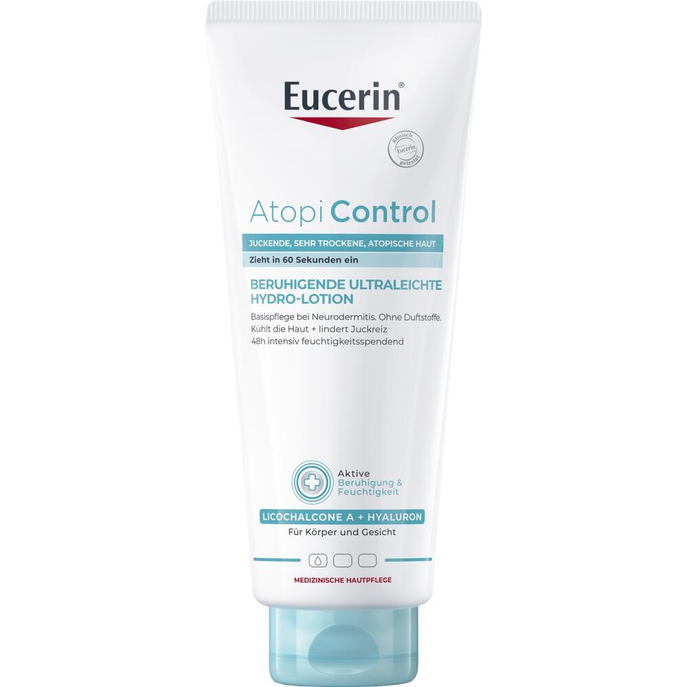 Eine Tube Eucerin AtopiControl Hydro-Lotion für trockene Haut.