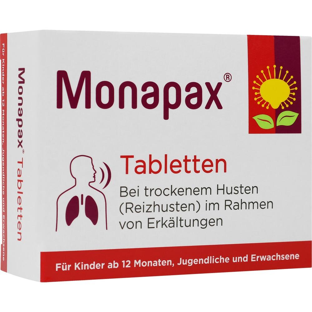 Eine Packung Monapax-Tabletten gegen trockenen Husten bei Erkältung.