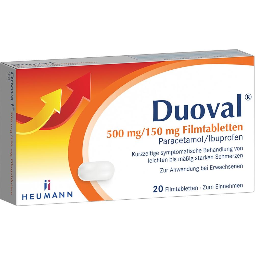 Eine Packung mit Schmerztabletten namens Duoval 500 mg/150 mg.