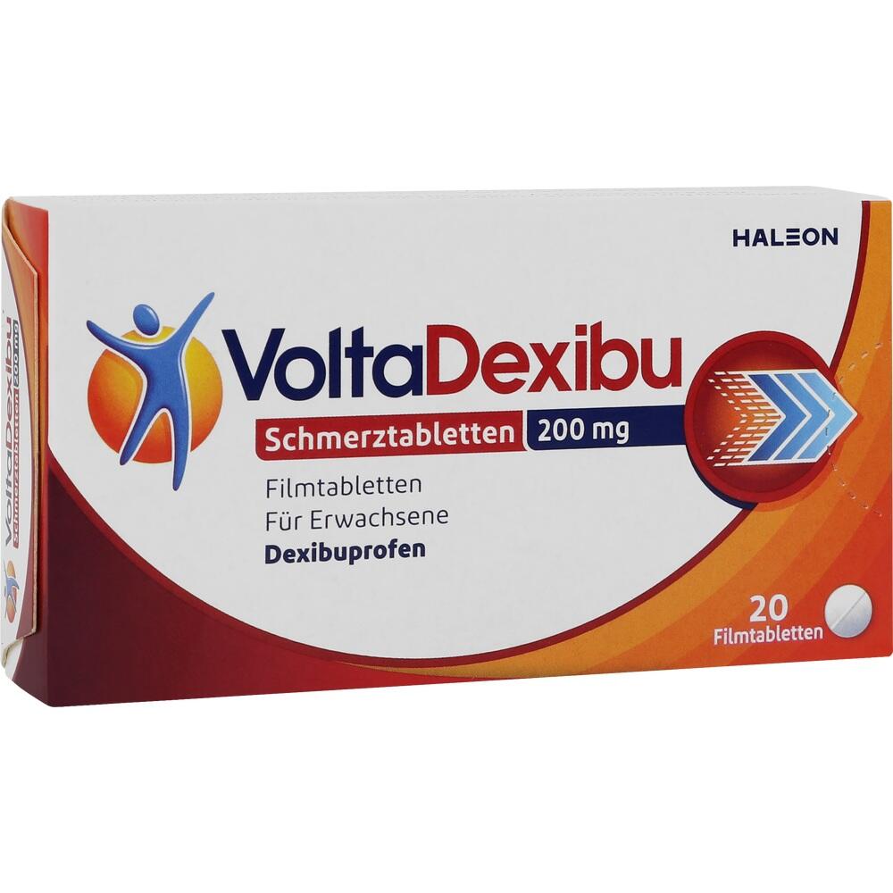 Eine Schachtel mit Schmerztabletten namens VoltaDexibu, 200 mg, für Erwachsene.