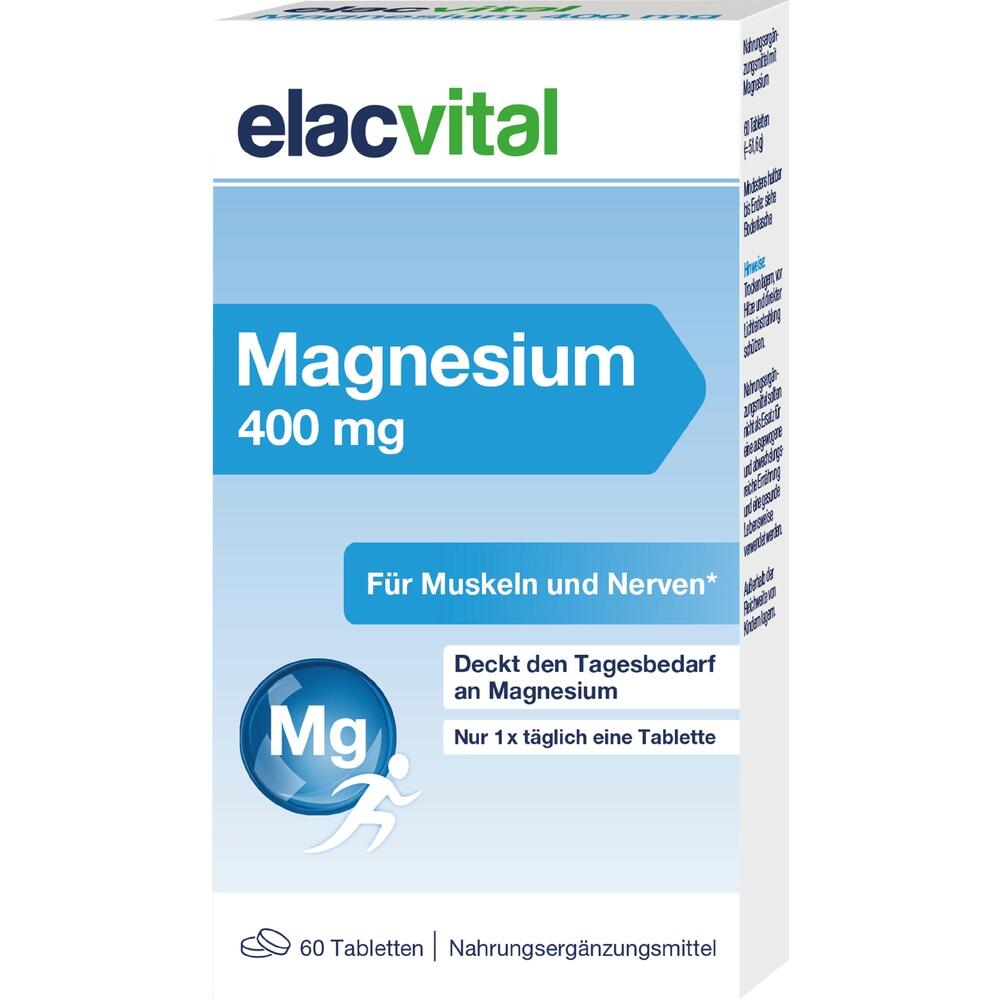 Verpackung mit Magnesiumtabletten f&uuml;r Muskeln und Nerven, 400 mg.