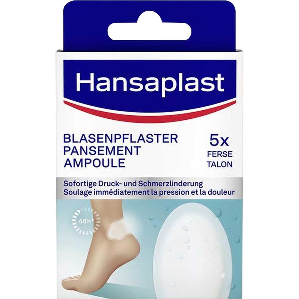 Eine Packung Hansaplast Blasenpflaster f&uuml;r die Ferse mit f&uuml;nf Pflastern.