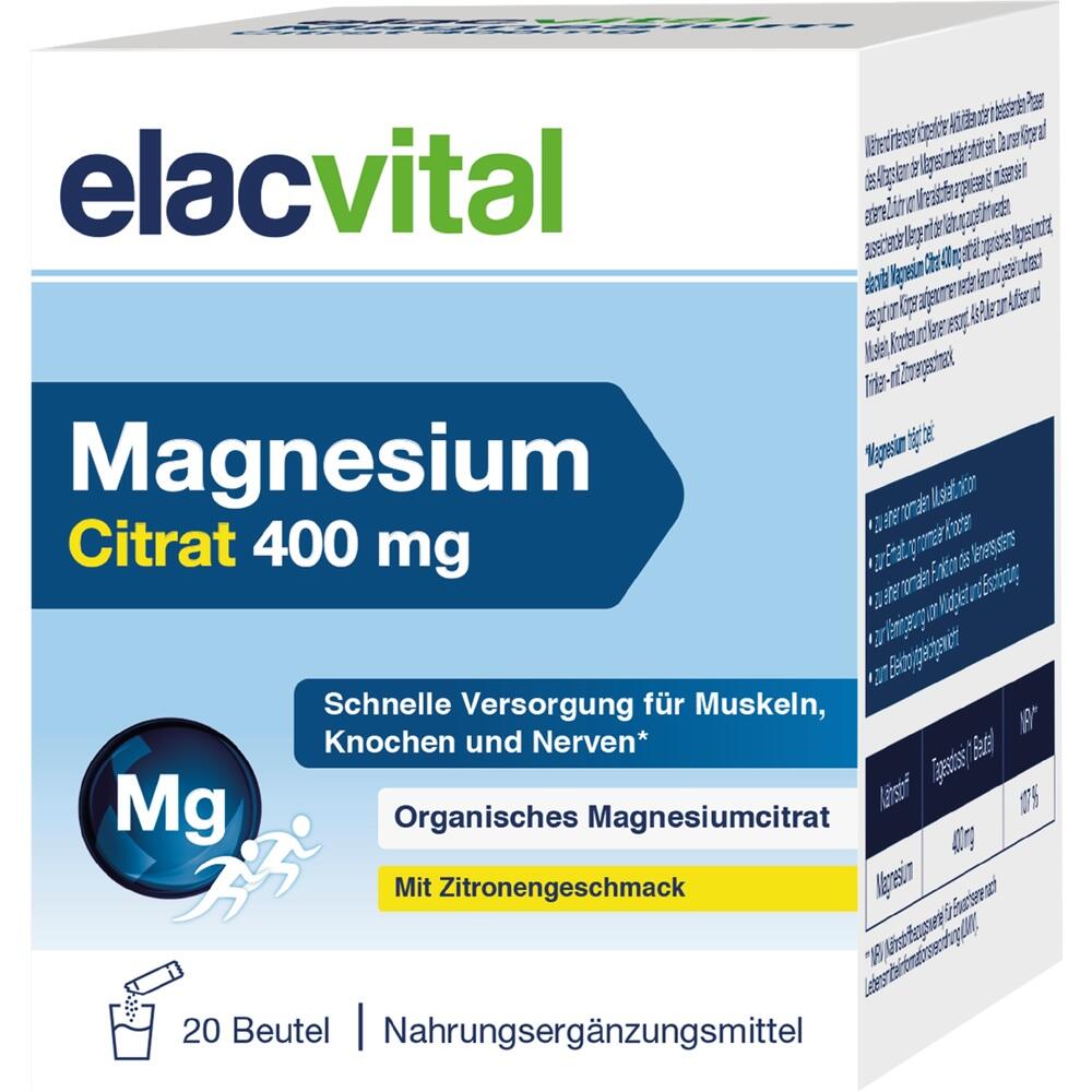 Verpackung von Magnesiumcitrat 400 mg mit Zitronengeschmack, 20 Beutel.