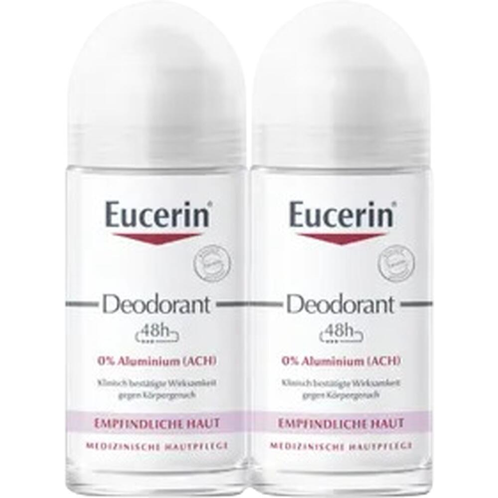 Zwei weiße Deodorantflaschen der Marke Eucerin für empfindliche Haut.