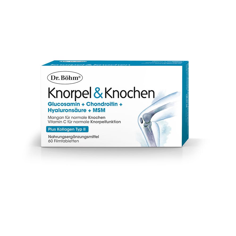 Verpackung von Dr. Böhm Knorpel & Knochen Nahrungsergänzungsmittel mit Gelenkabbildung.
