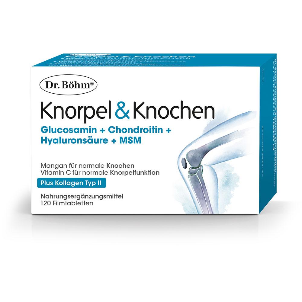 Die Packung zeigt ein Ergänzungsmittel für Knorpel und Knochen mit wichtigen Inhaltsstoffen.