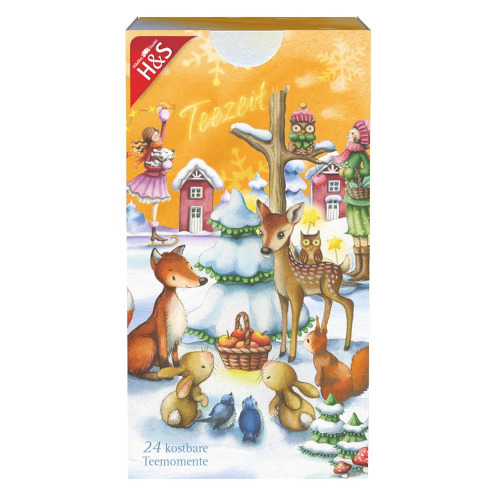 Tiere und Menschen feiern zusammen im Schnee neben einem Tee-Adventskalender.