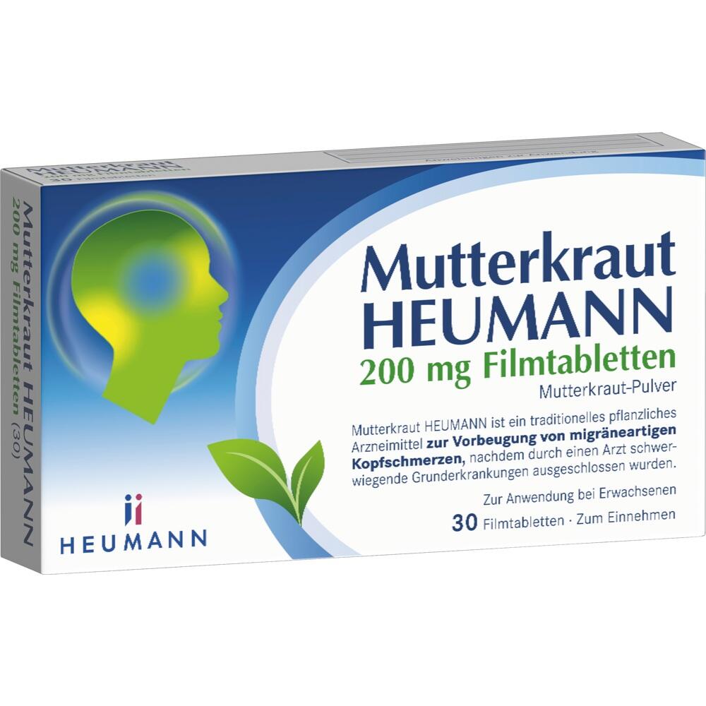 Eine Packung Mutterkraut-Tabletten, Heumann, zur Vorbeugung von Kopfschmerzen.