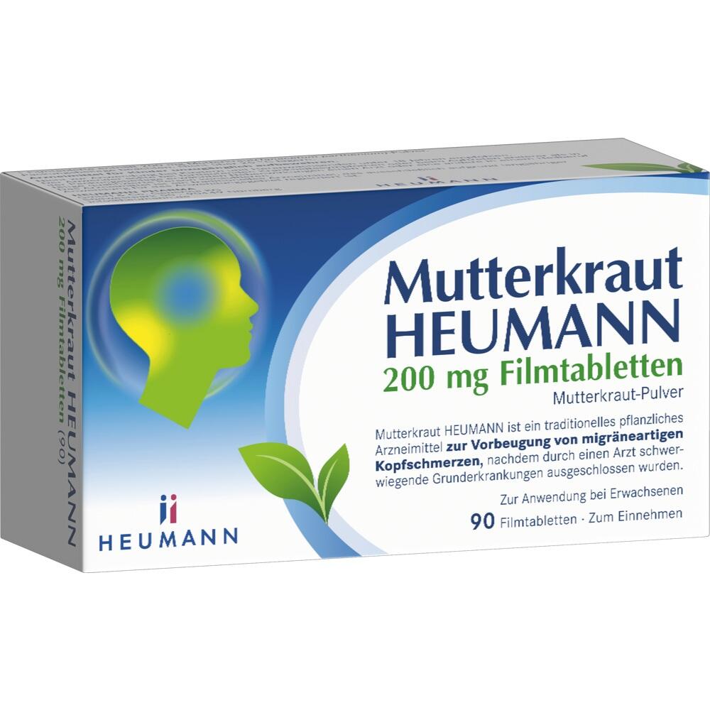 Verpackung von Mutterkraut-Heumann-Tabletten zur Vorbeugung von Kopfschmerzen.