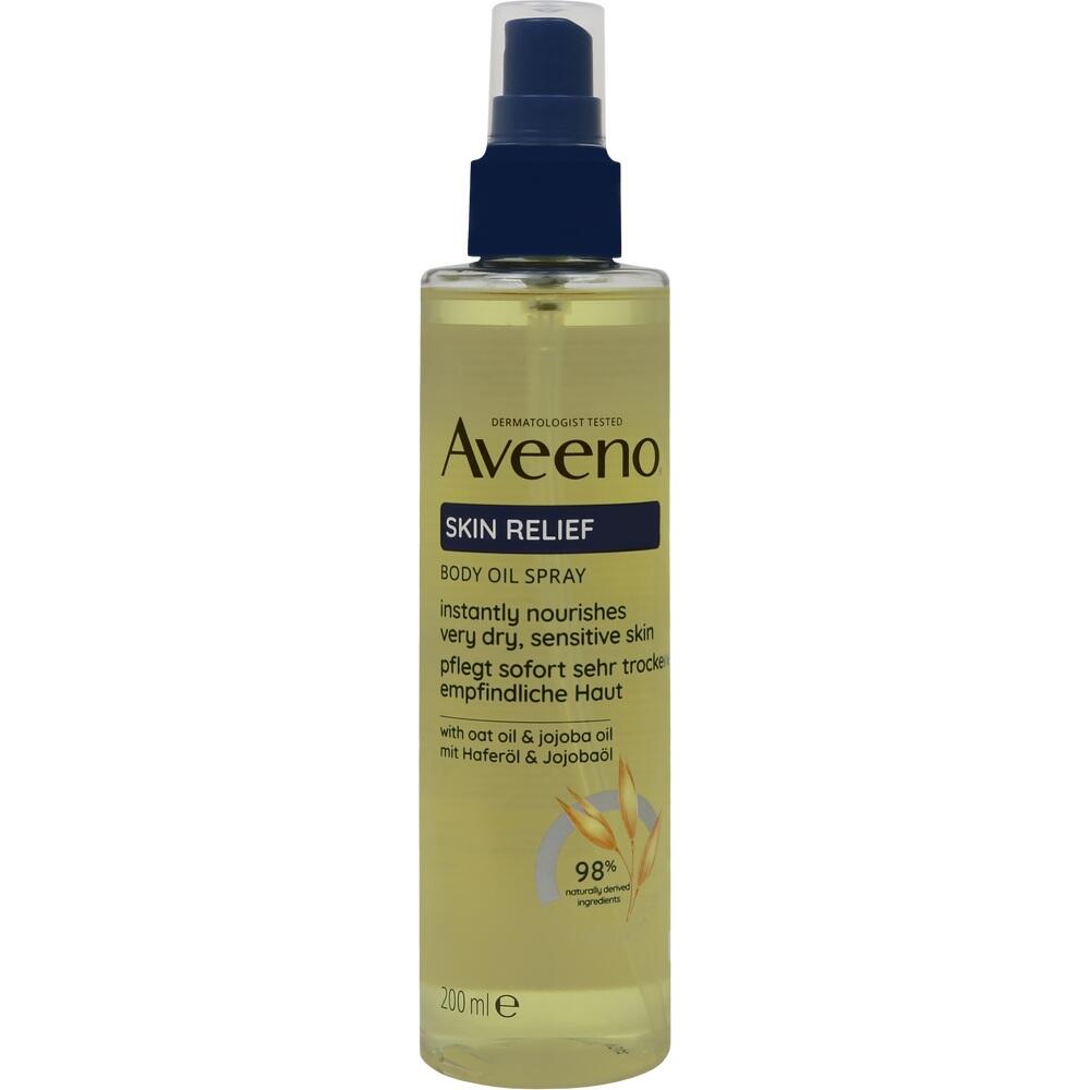 Eine Flasche Aveeno Hautöl-Spray für trockene, empfindliche Haut.