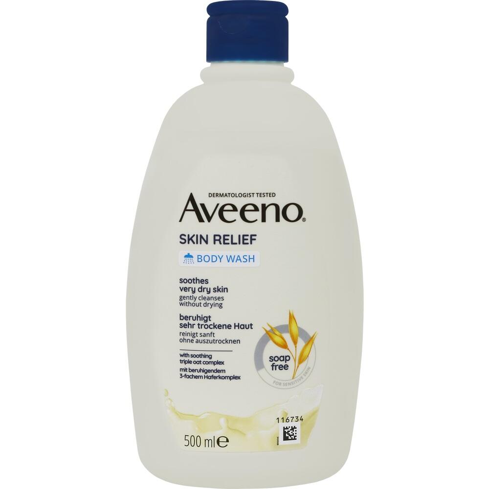 Eine Flasche Aveeno Duschgel für trockene Haut mit blauem Deckel.